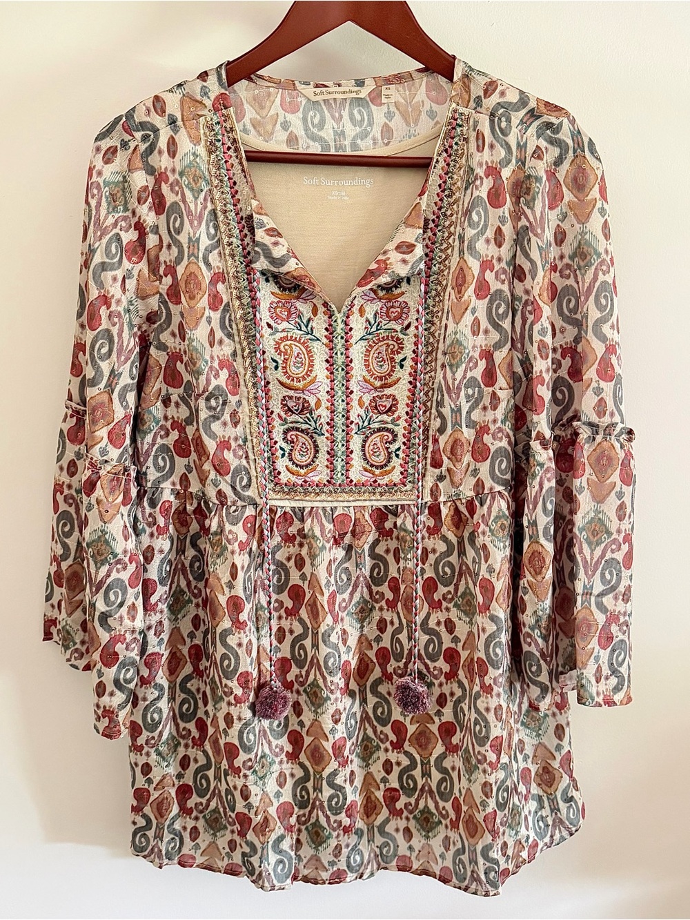 Soft Surroundings Boho Embroidered Beaded Tunic Maximalist Bell Sleeve Womens XS